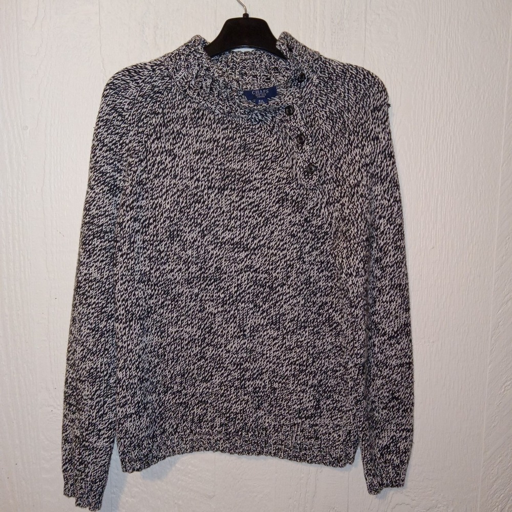 Chaps Sweater Women Petite Large Navy White Marled Knit Button Mock Neck
